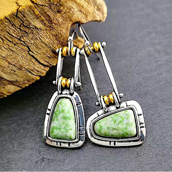Vintage Silver Turquoise Asymmetrical Geometric Bohemian Boho Earrings - Picture 5 of 7